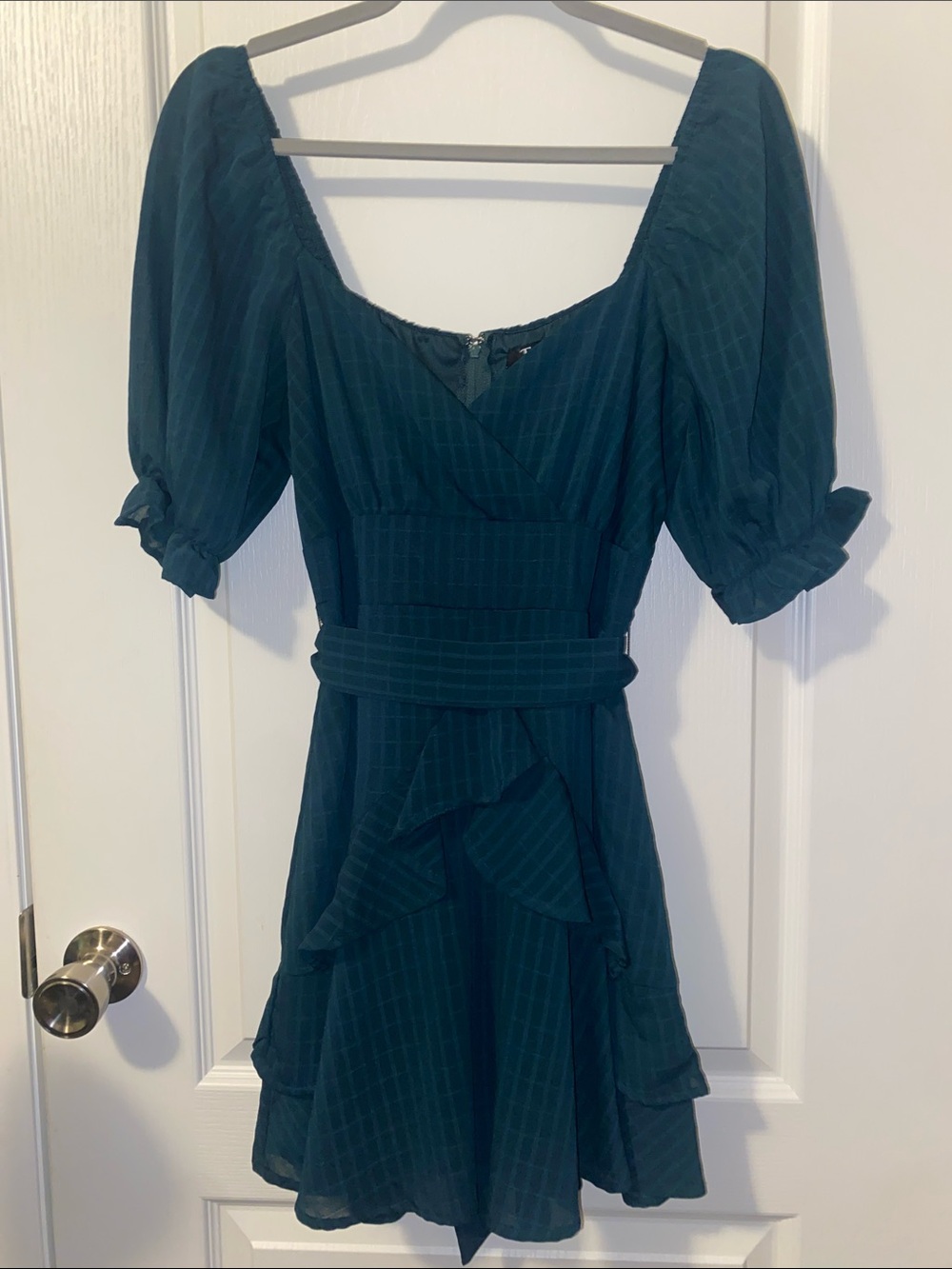 Teal Puff-Sleeve Belted Ruffle Midi Dress